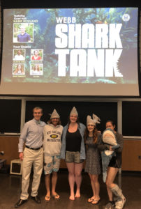 The host and sharks at Webb Institute's Shark Tank